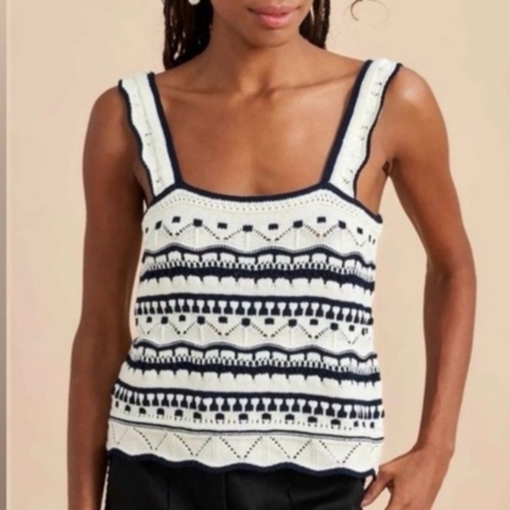 La Ligne Jane Striped Crochet Knit Tank Top Women's XS Cream/Navy Cotton Geo